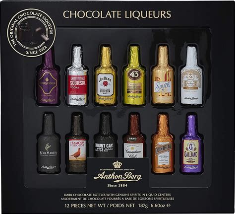 There are a total of 16 bottles, and each one of them contains a different flavor of liqueur. . Anthon berg liquor filled chocolate bottles